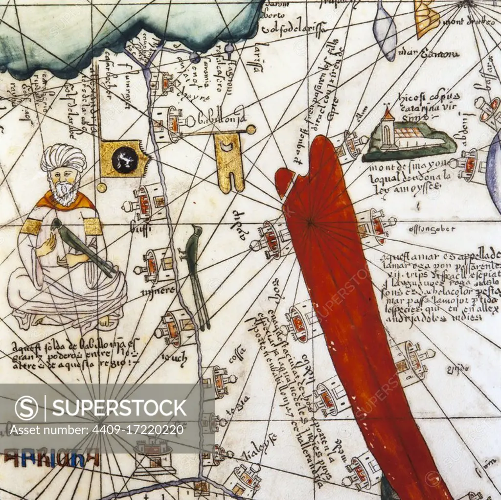 Detalle del Atlas Cresques, el Atlas Catalán, El mar Rojo, 1375, inv. 9835. Museum: Museu Marítim, Barcelona.