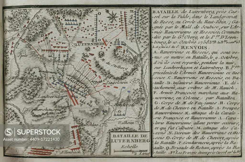 Seven Years War (1756-1763). Map of the Battle of Lutterberg (October 10, 1758). French troops, led by Prince Soubise, defeated a contingent of Hanoverian soldiers and Hessian mercenaries, commanded by General Christoph Ludwig von Oberg. Published in 1765 by the cartographer Jean de Beaurain (1696-1771) as an illustration of his Great Map of Germany, with the events that took place during the Seven Years War. Allied army in red and the French army in blue. Etching and engraving. French edition, 1765. Military Historical Library of Barcelona (Biblioteca Histórico Militar de Barcelona). Catalonia. Spain. Author: Jean de Beaurain (1696-1771). French geographer.