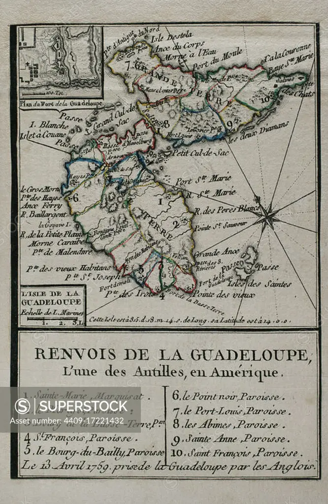 Map of Guadeloupe, 1759. Antilles Archipelago, Caribbean Sea. France took possession of the island on 28 June 1635, after landing at Pointe Allegre. During the Seven Years War, was conquered by England, founding the Port of Pointe-a-Pitre. Taking of the island of Guadeloupe by the British troops on April 13, 1759. Engraving published in 1765 by the cartographer Jean de Beaurain (1696-1771) as an illustration of his Great Map of Germany, with the events that took place during the Seven Years War. French edition, 1765. Military Historical Library of Barcelona (Biblioteca Histórico Militar de Barcelona). Catalonia. Spain. Author: Jean de Beaurain (1696-1771). French geographer.