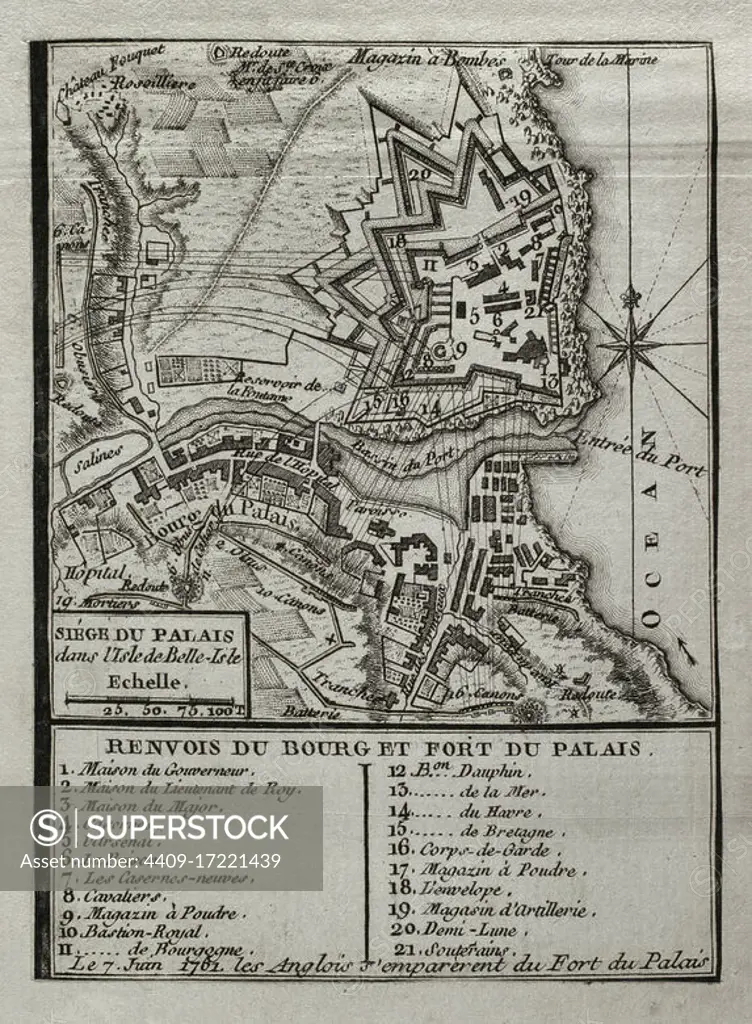 Seven Years War (1756-1763). Capture of Belle Isle (June 1761). The British succeeded in storming the main citadel of the island, located on the Atlantic coast off Brittany, after a second landing led by General Studholme Hodgson and a subsequent six-week siege. Map published in 1765 by the cartographer Jean de Beaurain (1696-1771) as an illustration of his Great Map of Germany, with the events that took place during the Seven Years War. French edition, 1765. Military Historical Library of Barcelona (Biblioteca Histórico Militar de Barcelona). Catalonia. Spain. Author: Jean de Beaurain (1696-1771). French geographer.