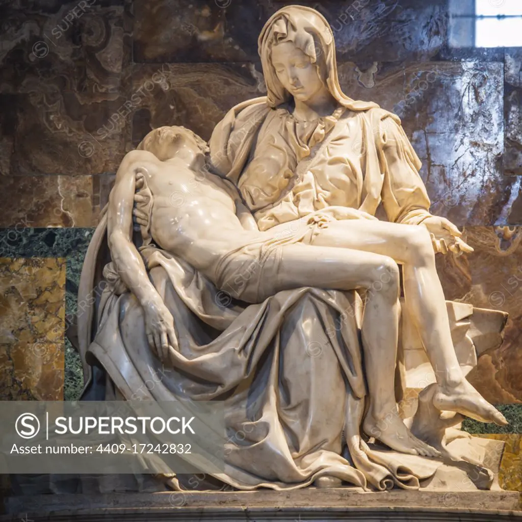 Pietà del Vaticano, marble sculpture group made by Michelangelo, papal basilica of Saint Peter, State of the Vatican City, Roma, Lazio, Italia.