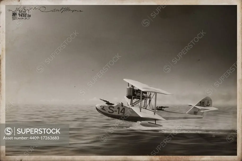 Savoia Marchetti S-62. Recreation of the moment of the take off from the sea of this seaplane bomber faithful to the Republic at some point during the Spanish Civil War. Old photo style version.