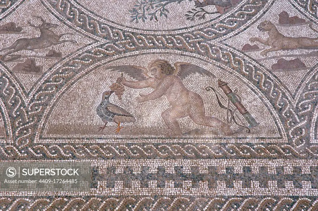 Roman Iberian city of Castulo, Mosaic of the loves - detail, Linares, Jaen province, Region of Andalusia, Spain, Europe.