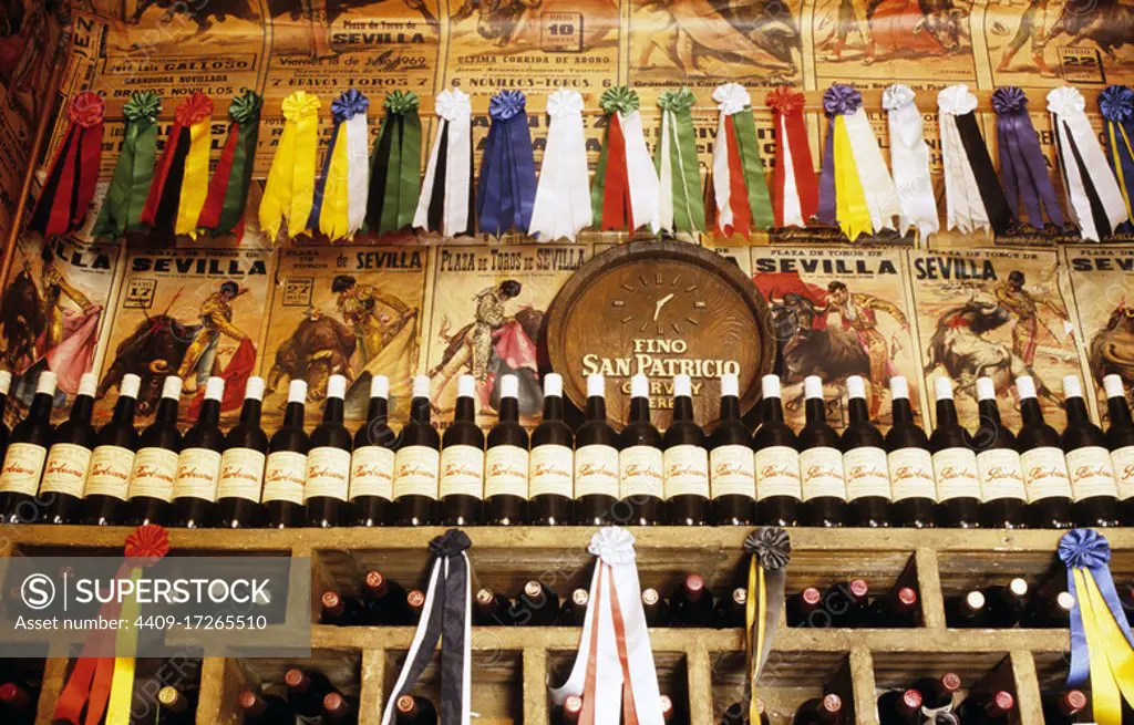 SPAIN - La Vega (district of Sevilla) - ANDALUSIA - Seville. traditional bullfight lovers "Sol y Sombra" bar at the popular Barrio de /Triana square; "decoration"