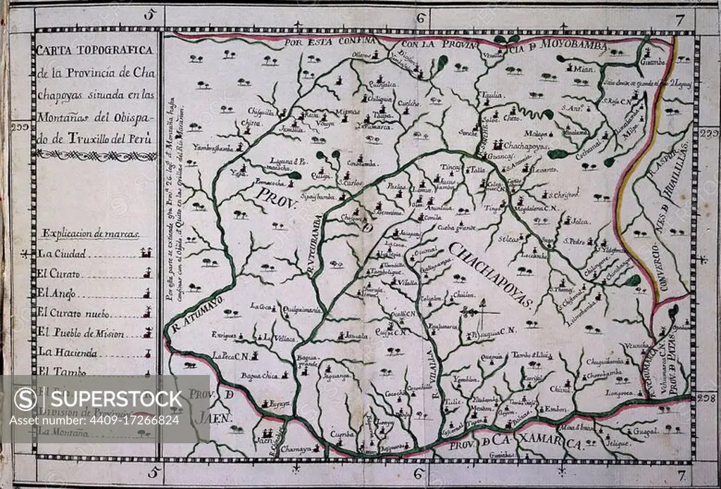 CODICE TRUJILLO DEL PERU - TOMO I - CARTA TOPOGRAFICA DE LA PROVINCIA DE  CHACHAPOYAS - SIGLO XVIII. Author: MARTINEZ COMPAÑON BALTASAR. Location:  PALACIO REAL-BIBLIOTECA. MADRID. SPAIN. - SuperStock