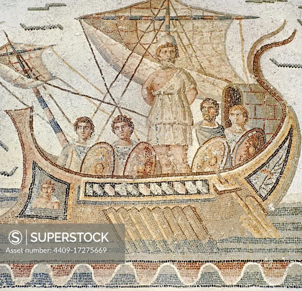 Roman mosaic of Ulysses and the sirens. Museum: BARDO MUSEUM, TUNEZ, TUNISIA. ULISES.