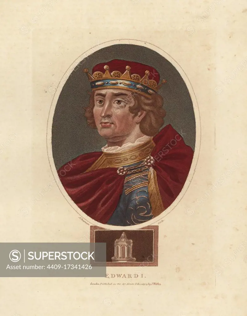 Portrait of King Edward I of England, 1239-130, Edward Longshanks, in jeweled crown, crimson cloak over embroidered tunic. Handcoloured copperplate engraving by J. Chapman from John Wilkes' Encyclopedia Londinensis, 1804.