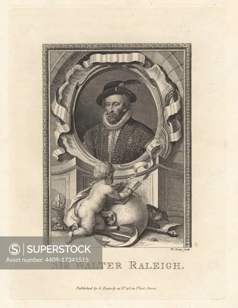 Portrait of Sir Walter Raleigh, 1554-1618, English aristocrat, writer, poet, soldier, politician, courtier, spy, and explorer. Within oval, decorated with putto and book, globe, anchor, axe and severed head. Copperplate engraving by William Sharp from The Copper Plate Magazine or Monthly Treasure, G. Kearsley, London, 1778.