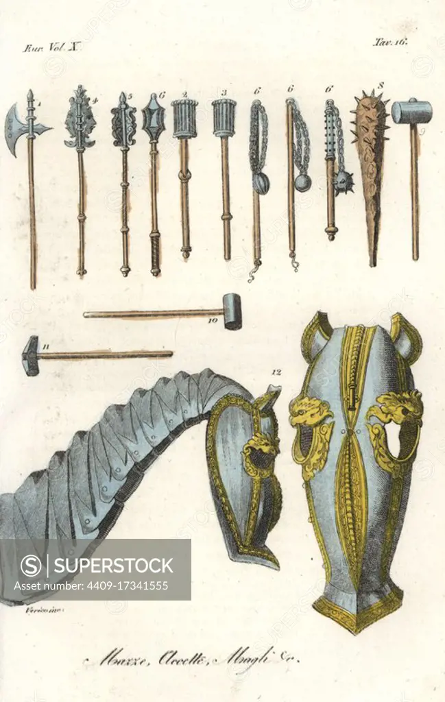 Medieval battle weapons and horse armour barding. Varieties of axe, mace, hammer, mallet, cudgel, and champron and crinet armour. Handcoloured copperplate engraving by Verico from Giulio Ferrario's Ancient and Modern Costumes of all the Peoples of the World, Florence, Italy, 1844.