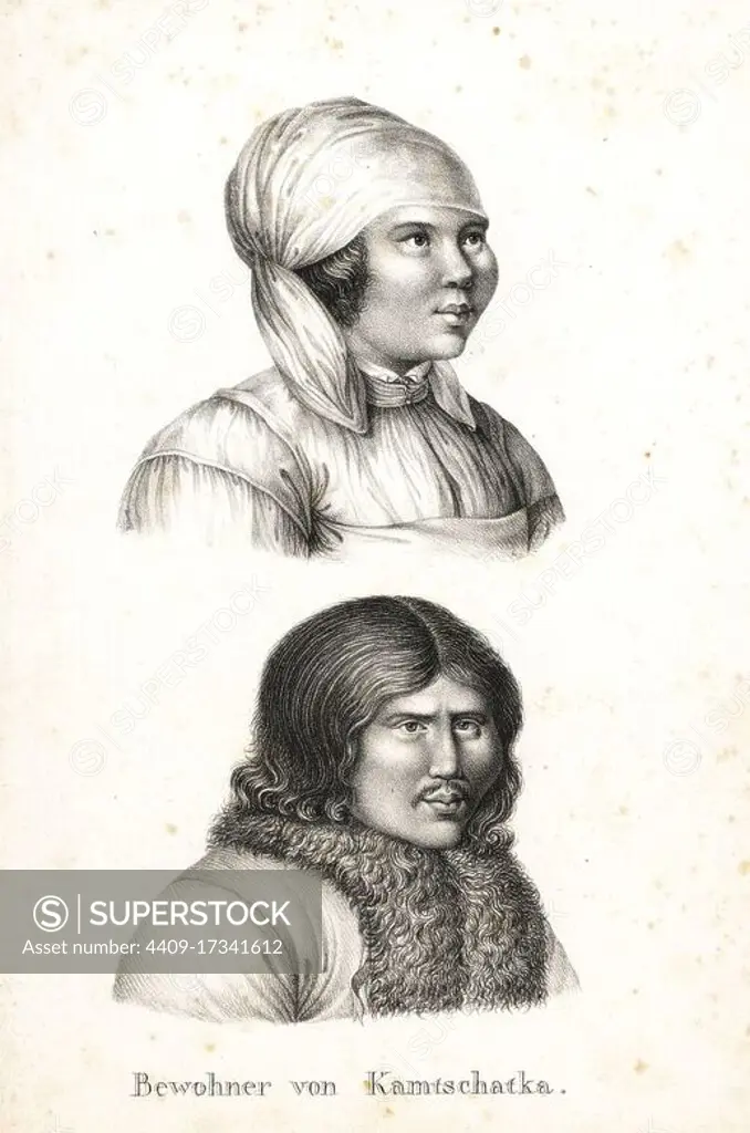 Itelmen woman in headscarf, and Itelmen man in furlined coat. Native of the Kamchatka peninsula. Lithograph by Karl Joseph Brodtmann from Heinrich Rudolf Schinz's Illustrated Natural History of Men and Animals, 1836.