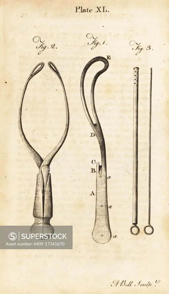 Smellie's surgical instruments used to assist childbirth: short curved forceps and catheter. Copperplate engraving by Andrew Bell after an illustration by Jan van Rymsdyk from William Smellie's A Set of Anatomical Tables, Charles Elliot, Edinburgh, 1780.