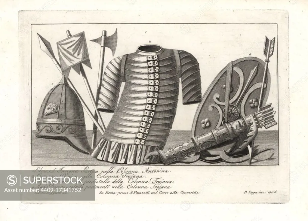 Parthian helmet, ensign and weapons from the Column of Marcus Aurelius 1, Dacian breastplate armour 2, Dacian quiver 3 and Dacian shield 4 (all from Trajan's Column). Copperplate engraving by Pietro Ruga after an illustration by Lorenzo Rocceggiani from his own 100 Plates of Costumes Religious, Civil and Military of the Ancient Egyptians, Etruscans, Greeks and Romans, Franzetti, Rome, 1802.