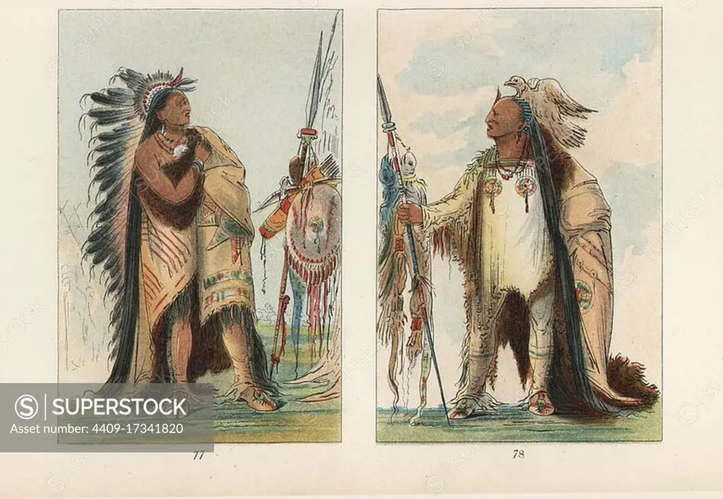 Crow nation warriors: Ee-he-a-duck-chee-a, He Who Ties Hair Before 78, and Pa-ris-ka-roo-pa, Two Crows 77. Both with decorated skins, eagle headdress, moccasins, lance and medicine bag. Handcoloured lithograph from George Catlin's Manners, Customs and Condition of the North American Indians, London, 1841.