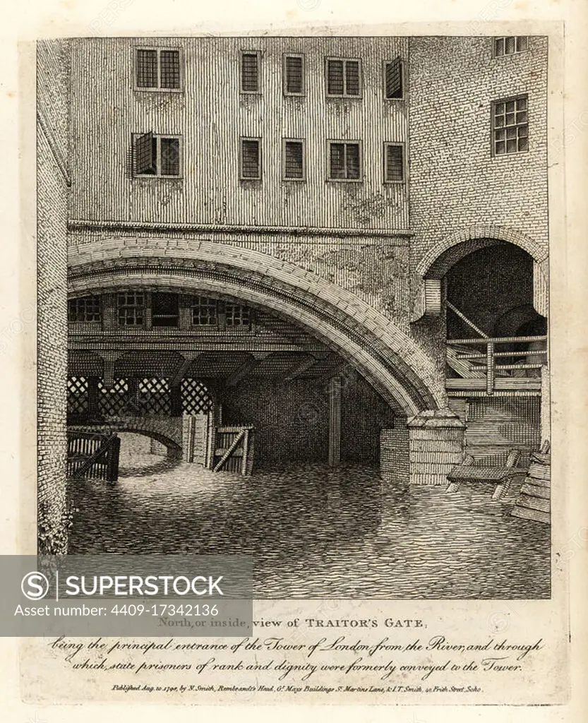 North or inside view of Traitors Gate, principal entrance to the Tower of London from the River Thames.Copperplate engraving by John Thomas Smith after original drawings by members of the Society of Antiquaries from his J.T. Smiths Antiquities of London and its Environs, J. Sewell, R. Folder, J. Simco, London, 1798.