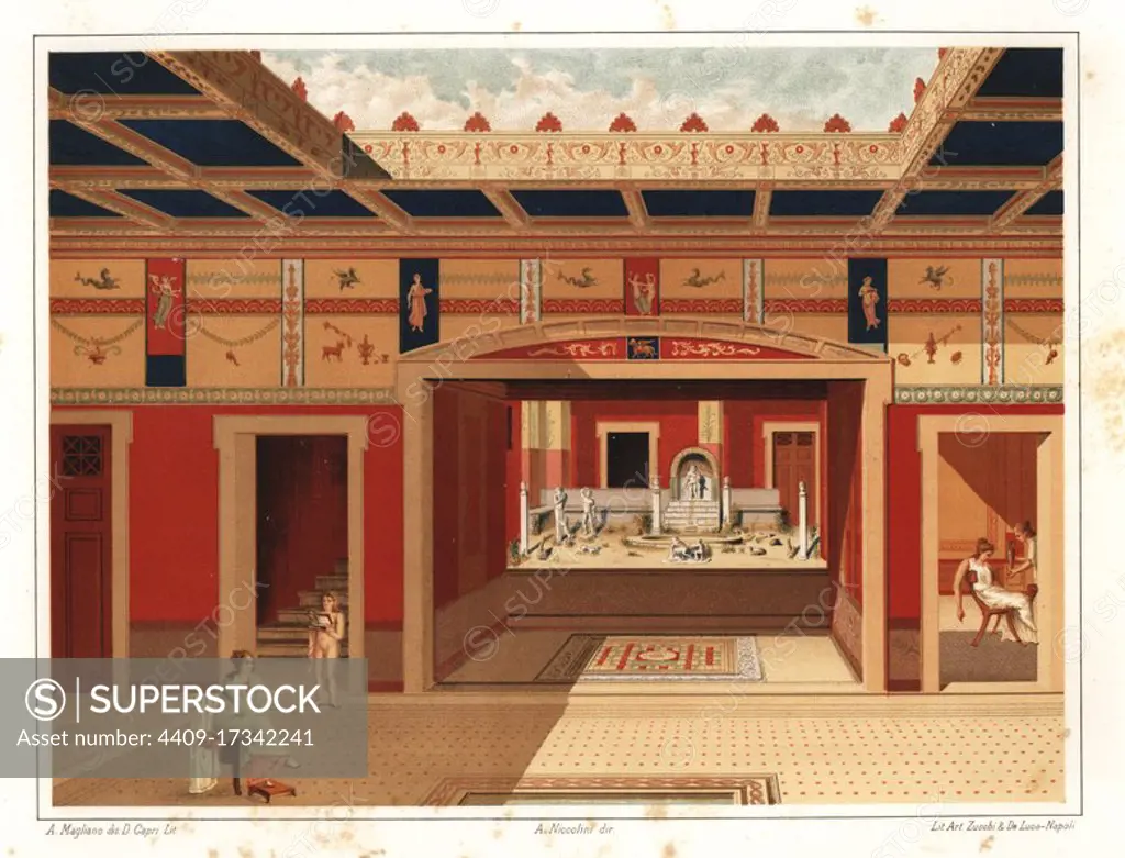 House of Marcus Lucretius, Reg IX, Ins 3, 5, 24, Pompeii. View of the courtyard with impluvium, tablinum with mosaic floor, and raised garden with statue of Sylenus fountain, and figures of satyrs and cupids. Naked servant girl bringing a box to her mistress. Chromolithograph by D. Capri after an illustration by A. Magliano from Antonio Niccolinis Pompeii: Views and Restorations (Pompeii: Essaies et Restaurations), published by Zucchi & De Luca, Naples, 1898. Antonio was grandson of the architect Antonio Niccolini Sr.