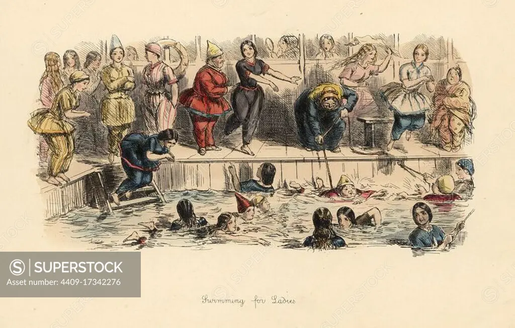 Swimming for Ladies, 1860. Women and girls in full body bathing suits diving, swimming and playing in a Victorian pool. Handcoloured etching by John Leech from Follies of the Year, from Punchs Pocket Books, Bradbury, London, 1864.