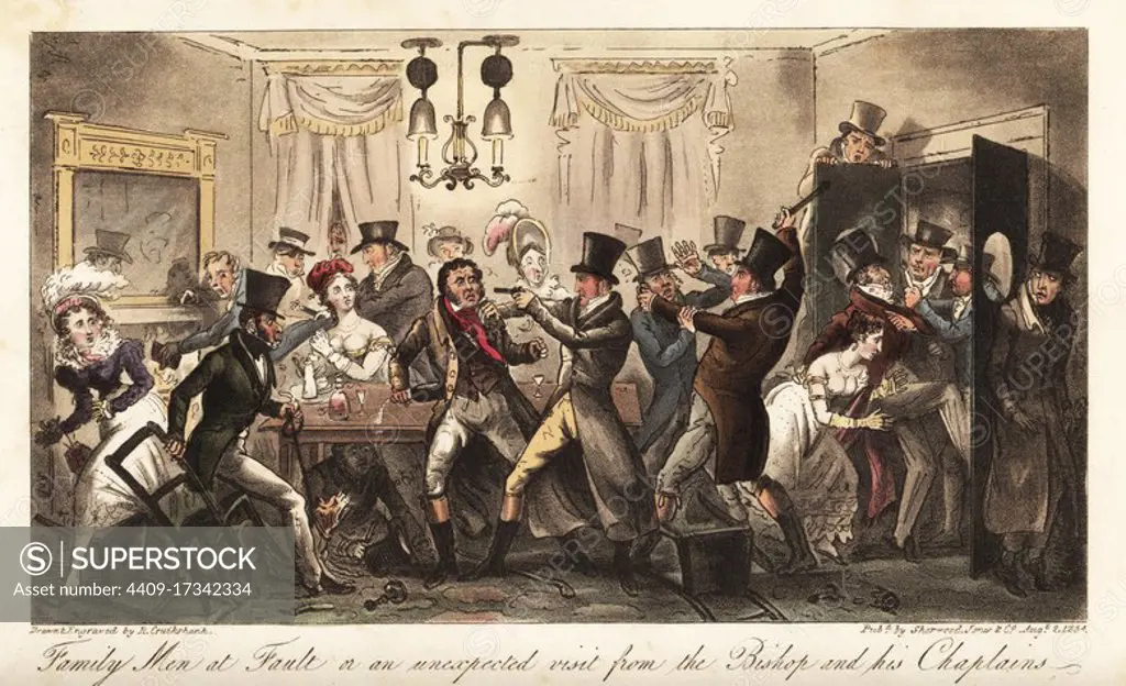 Bow Street officers Daniel Bishop, James Smith and George Ruthven arresting thieves, Family Men gang members, pimps and prostitutes at the Finish coffee house, Covent Garden. A thief is about to throw a list of stolen property into the fire. Family Men at Fault, or an unexpected visit from the Bishop and his Chaplains. Handcoloured copperplate drawn and engraved by Robert Cruikshank from The English Spy, London, 1825. Written by Bernard Blackmantle, a pseudonym for Charles Molloy Westmacott.