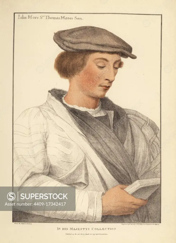 John More, son of Sir Thomas More and his first wife Jane. Handcoloured copperplate engraving by Francis Bartolozzi after Hans Holbein from Facsimiles of Original Drawings by Hans Holbein, Hamilton, Adams, London, 1884.