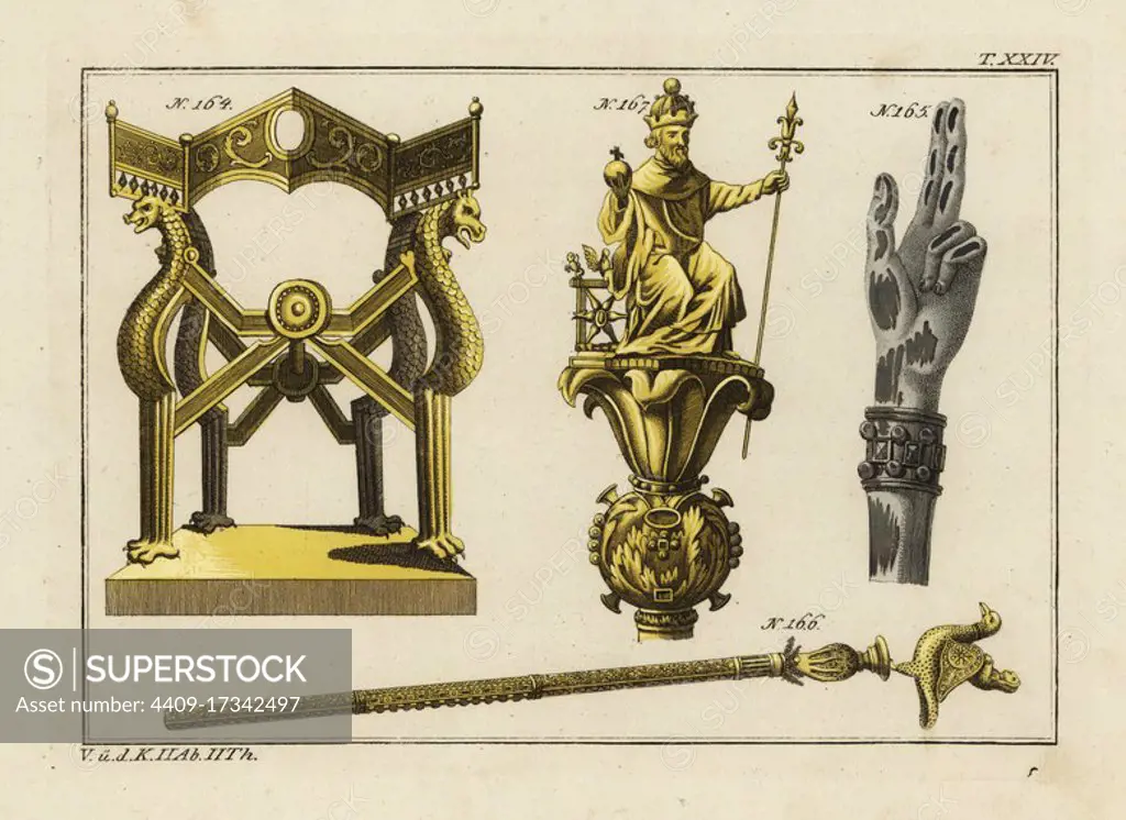 Throne 164 and scepter 166 of Dagobert I, King of the Franks, hand of justice 165, and scepter of Charlemagne 167. Handcoloured copperplate engraving from Robert von Spalart's Historical Picture of the Costumes of the Principal People of Antiquity and of the Middle Ages, Chez Collignon, Metz, 1810.