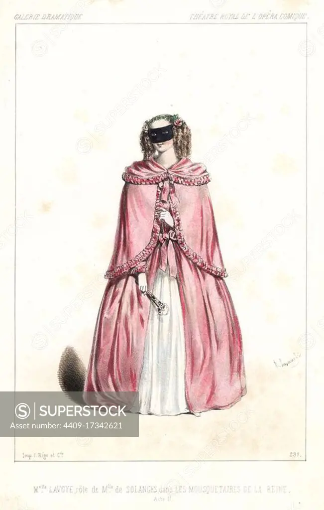 French soprano singer Anne-Benoite-Louise Lavoye as Mlle. de Solange in the comic opera Les Mousquetaires de la Reine by Fromental Halevy, Theatre Royal de l'Opera Comique, 1846. Handcoloured lithograph after an illustration by Alexandre Lacauchie from Victor Dollet's Galerie Dramatique: Costumes des Theatres de Paris, Paris, 1846.