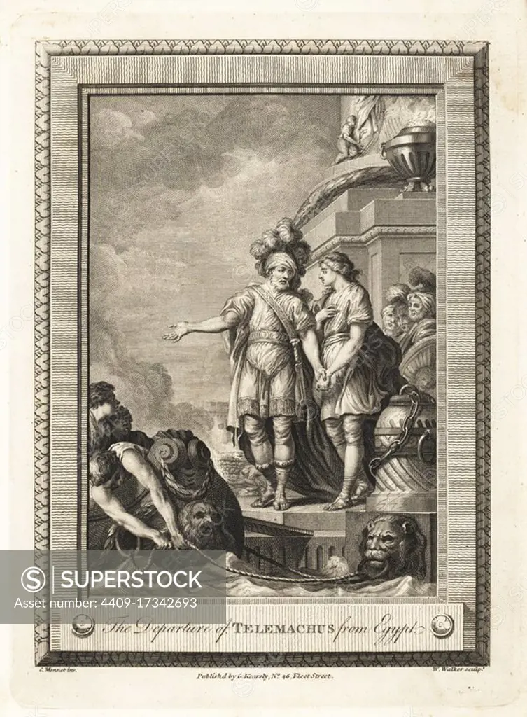 The departure of Telemachus from Egypt. Copperplate engraving by W. Walker after an illustration by C. Monnet from The Copper Plate Magazine or Monthly Treasure, G. Kearsley, London, 1778.