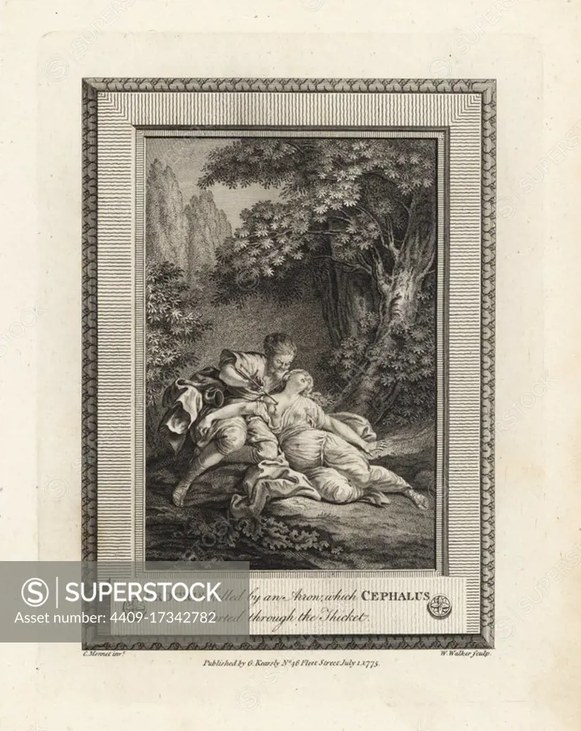 Procris killed by an arrow which her husband Cephalus darted through the thicket while hunting. Greek myth. Copperplate engraving by W. Walker after an illustration by C. Monnet from The Copper Plate Magazine or Monthly Treasure, G. Kearsley, London, 1778.