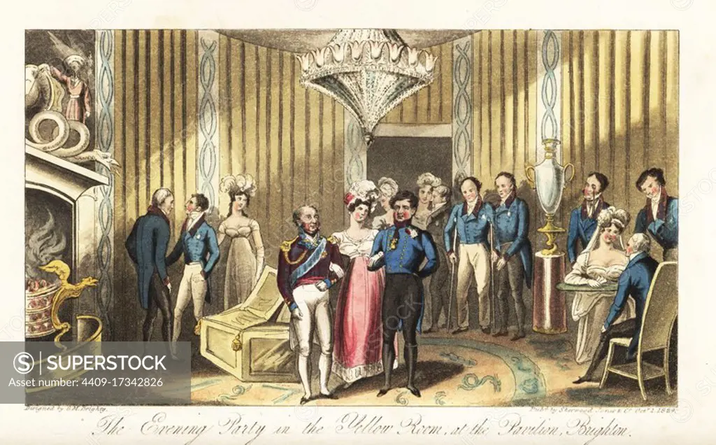 King George IV with Princess Augusta and the Duke of York entertaining guests in the Yellow Room, Brighton Pavilion. Guests include his mistress the Marchioness of Conyngham, gouty Earl of Arran on crutches, Lady Elizabeth and Sir H. Barnard, Sir H. Turner, etc. Handcoloured copperplate drawn and engraved by George M. Brighty from The English Spy, London, 1825. Written by Bernard Blackmantle, a pseudonym for Charles Molloy Westmacott.