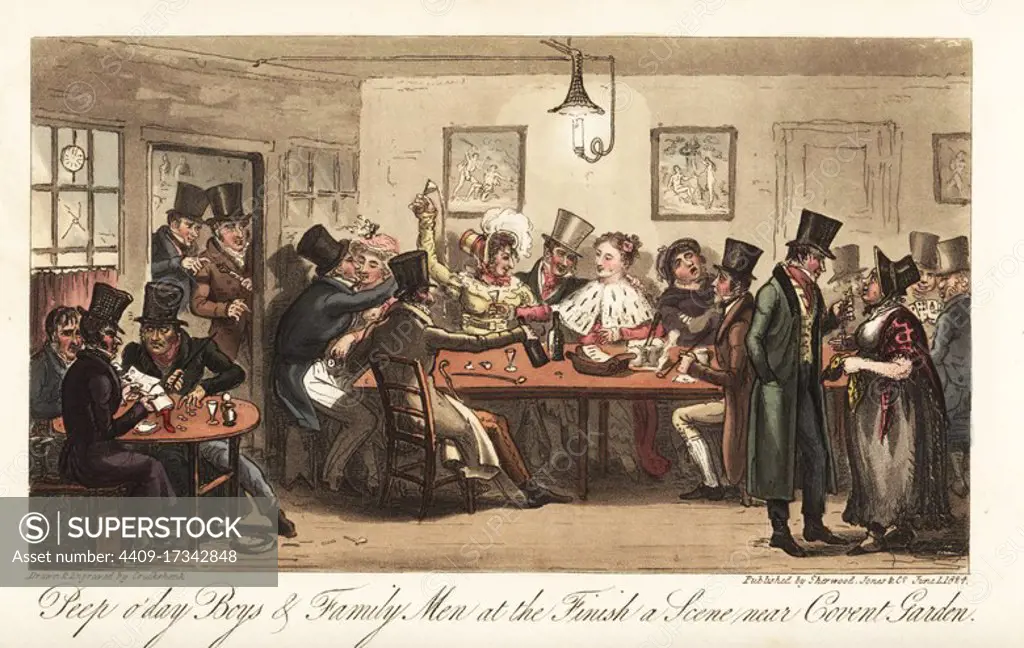 Regency gang members, pimps and prostitutes at the Finish coffee-house, Covent Garden. The customers include cardsharps, conmen, members of the murderous Peep o'day Boys and Family Men gangs, an Irish billiard hustler, and Samuel Hayward's moll in ermine tippet. Handcoloured copperplate drawn and engraved by Robert Cruikshank from The English Spy, London, 1825. Written by Bernard Blackmantle, a pseudonym for Charles Molloy Westmacott.