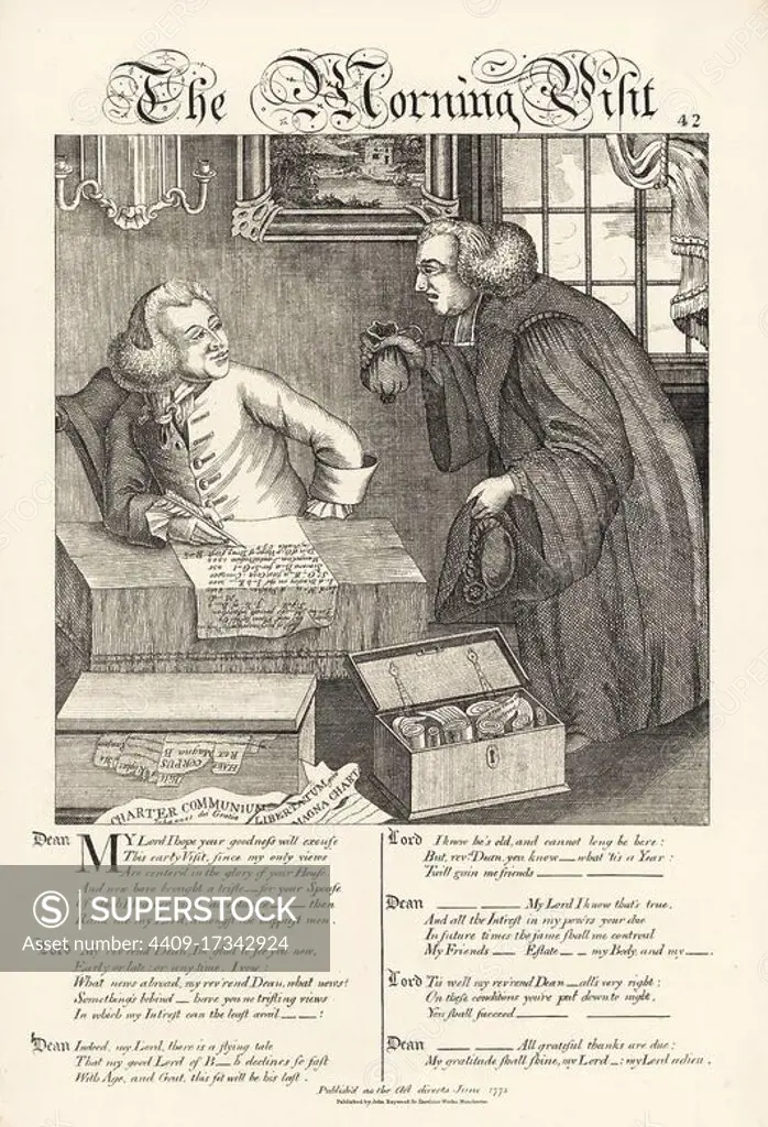 The Morning Visit: Caricature on the relations between aristocracy and the clergy. Lord at his table writing with a quill pen surrounded by documents and charters. Copperplate engraving by Thomas Sanders after a satirical illustration by Timothy Bobbin (John Collier) from Human Passions Delineated, John Haywood, Manchester, 1773.