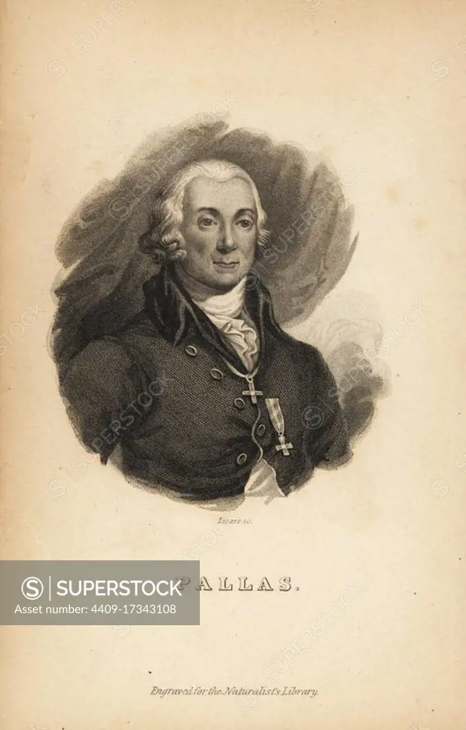 Peter Simon Pallas (1741-1811), German zoologist and botanist. Portrait engraved on steel by W.H. Lizars, from Sir William Jardine's The Naturalist's Library, 1833, Edinburgh.