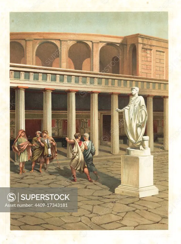 Exterior of the Small Theatre or Odeon, Pompeii VIII.7.19. Men in the street before a statue of Secundo Cemarce Patricino. Chromolithograph by Friedrich after an illustration by G. Cel from Antonio Niccolinis Pompeii: Views and Restorations (Pompeii: Essaies et Restaurations), published by Fausto Niccolini, Naples, 1898. Antonio was grandson of the architect Antonio Niccolini Sr.