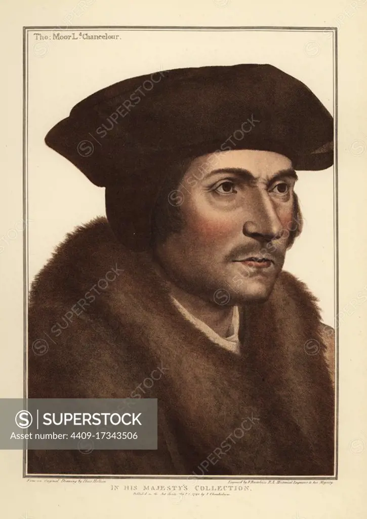 Sir Thomas More, Lord Chancellor to King Henry VIII, English lawyer, author, statesman (1478-1535). Handcoloured copperplate engraving by Francis Bartolozzi after Hans Holbein from Facsimiles of Original Drawings by Hans Holbein, Hamilton, Adams, London, 1884.