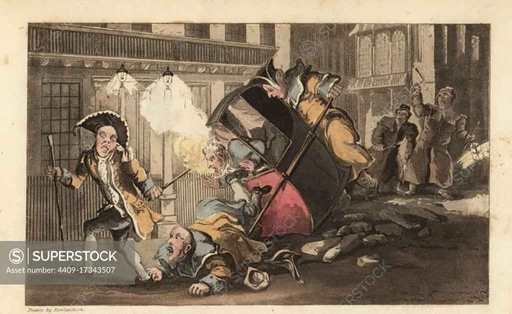 Johnny thrown out of a sedan chair when the porters crash over a pile of stones in the street. Night Watchmen with lanterns and rattles arrive. Handcoloured copperplate engraving by Thomas Rowlandson from William Combe's The History of Johnny Quae Genus, the Little Foundling of the late Doctor Syntax, Ackermann, London, 1822.