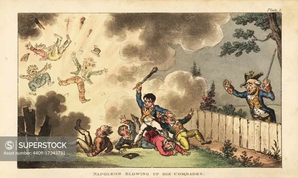 Napoleon blowing up his comrades. Handcoloured copperplate engraving by George Cruikshank from The Life of Napoleon a Hudibrastic Poem by Doctor Syntax, T. Tegg, London, 1815.