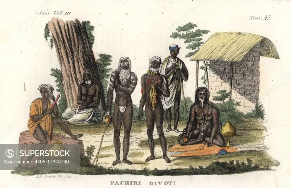 Muslim fakir or faqir holy men: naga with stick, paramahamsa sitting under a tree, painted sannyasi, naked avadhuta, robed Baisnab Vaisnava and fakir at prayer. After illustrations by Francois Solvyns. Handcoloured copperplate drawn and engraved by Andrea Bernieri from Giulio Ferrario's Ancient and Modern Costumes of all the Peoples of the World, Florence, Italy, 1844.