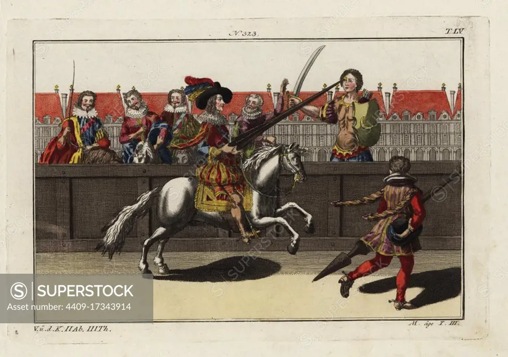 Jousting at a quintain or pavo. Taken from Antoine de Pluvinel's L'Instruction du Roy en l'exercise de monter a cheval, 1668. Handcoloured copperplate engraving from Robert von Spalart's Historical Picture of the Costumes of the Principal People of Antiquity and of the Middle Ages, Chez Collignon, Metz, 1810.