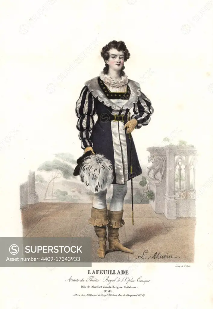 Tenor singer Lafeuillade as Montfort in La Bergere Chatelaine by Daniel Auber, Theatre Royal de l'Opera Comique, 1820. Handcoloured lithograph by F. Noel after an illustration by Lavigne Marin from Portraits d'Acteurs et d'Actrices dans different roles, F. Noel, Paris, 1825.