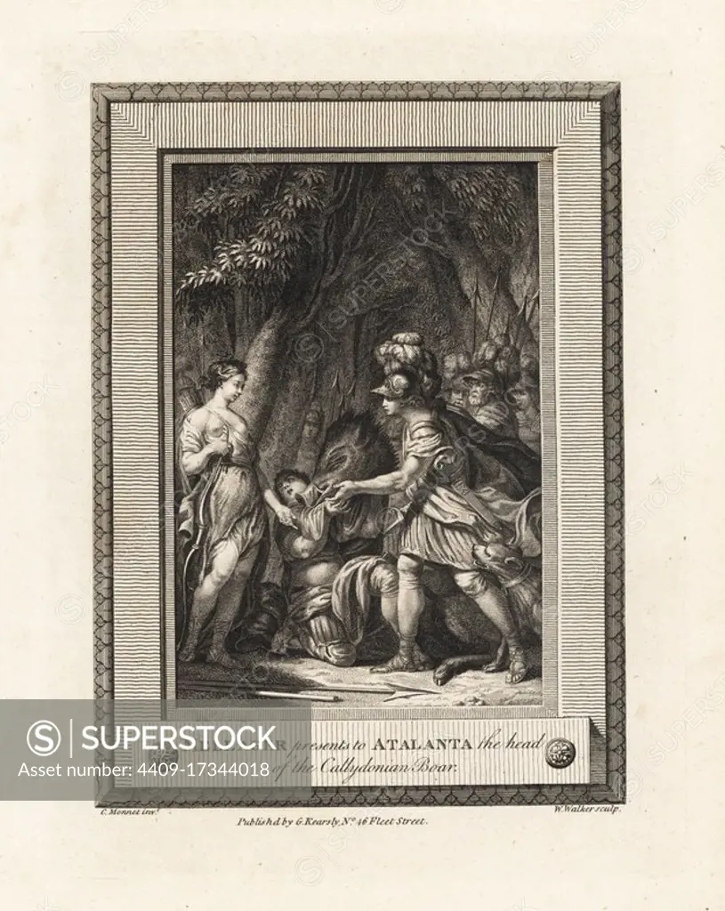 Meleager presents to the virgin huntress Atalanta the head of the Calydonian Boar. Copperplate engraving by W. Walker after an illustration by C. Monnet from The Copper Plate Magazine or Monthly Treasure, G. Kearsley, London, 1778.