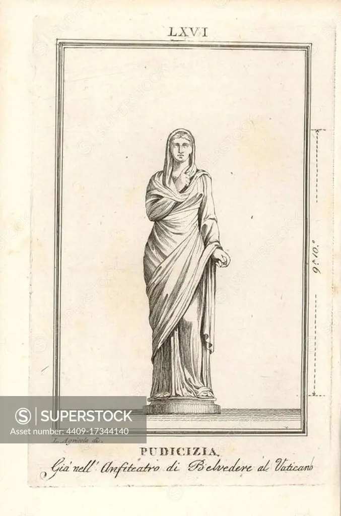 Statue of Pudicitia, goddess of modesty, in veiled robes. In the Belvedere Courtyard in the Vatican. Copperplate engraving after an illustration by L. Agricola from Pietro Paolo Montagnani-Mirabili's Il Museo Capitolino (The Capitoline Museum), Rome, 1820.