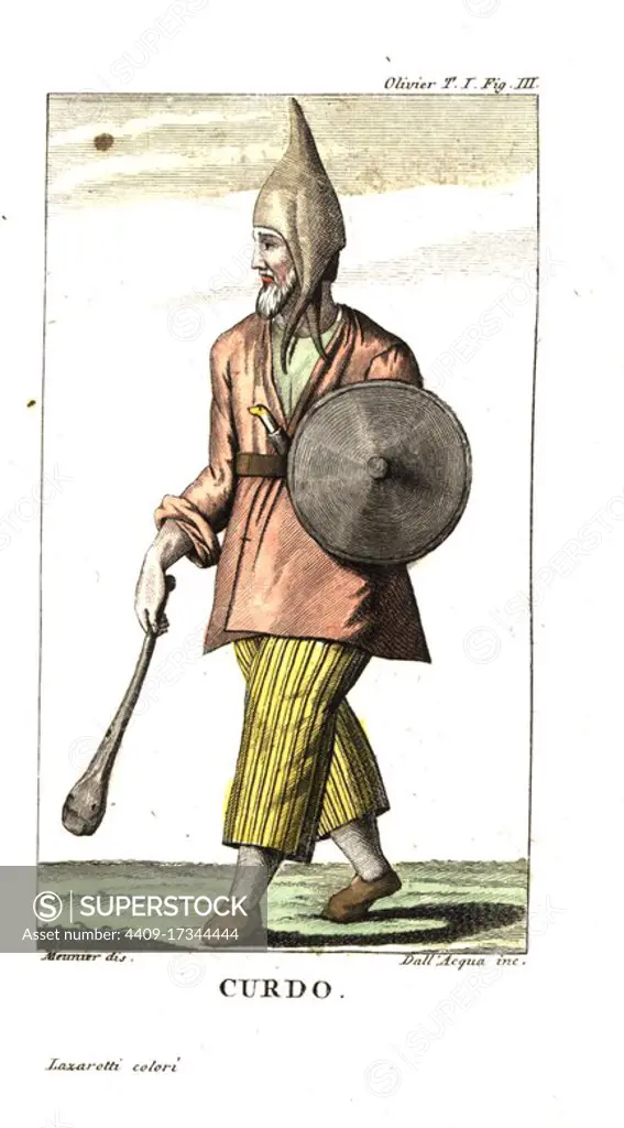 Kurdish man with shield and club. Illustration by Mounier from Guillaume-Antoine Oliviers Travels in the Ottoman Empire, Egypt and Persia, 1801. Copperplate engraving by Dell'Acqua handcoloured by Lazaretti from Giovanni Battista Sonzognos Collection of the Most Interesting Voyages (Raccolta de Viaggi Piu Interessanti), Milan, 1815-1817.