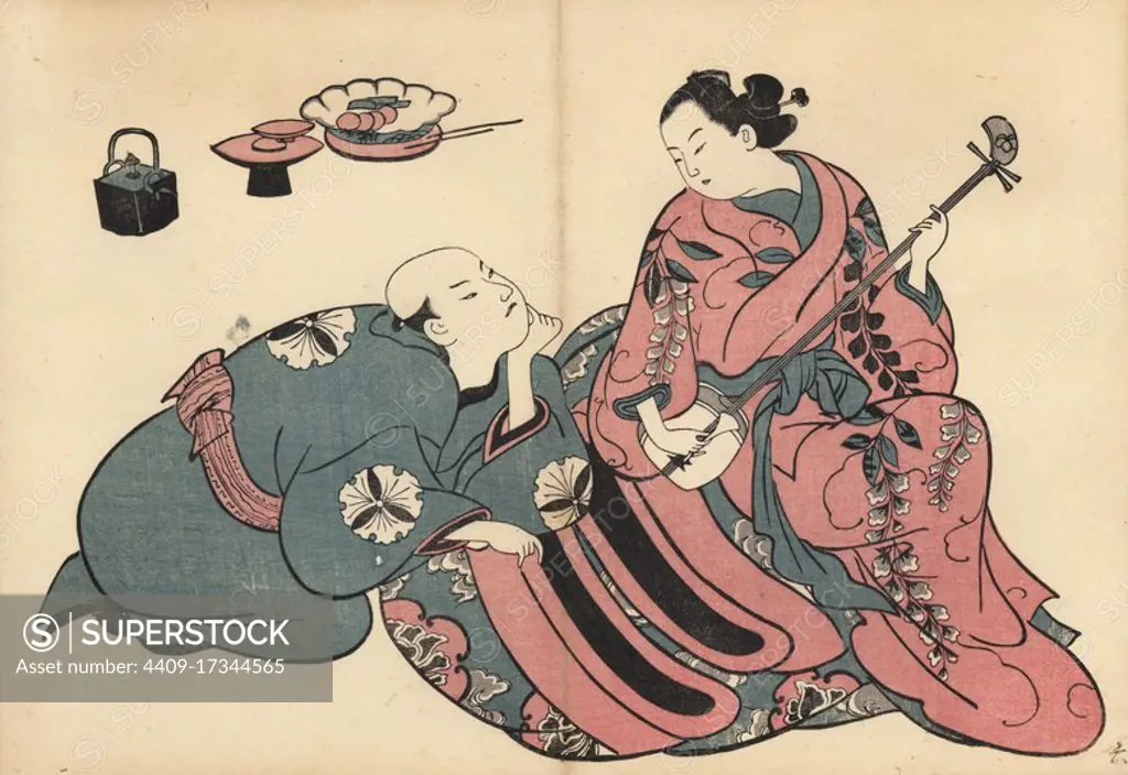 Courtesan entertaining a customer by playing the shamisen in the pleasure quarters. Woodblock print by Masanobu Okumura (1686-1764) from Fuzoku Emakimono, Picture Scroll of the Water Trade, Tokyo, reprint circa 1880.