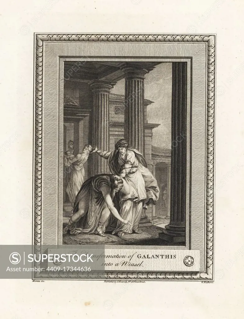 The transformation of Galanthis into a weasel by Lucina, goddess of childbirth. Copperplate engraving by W. Walker after an illustration by Moreau from The Copper Plate Magazine or Monthly Treasure, G. Kearsley, London, 1778.