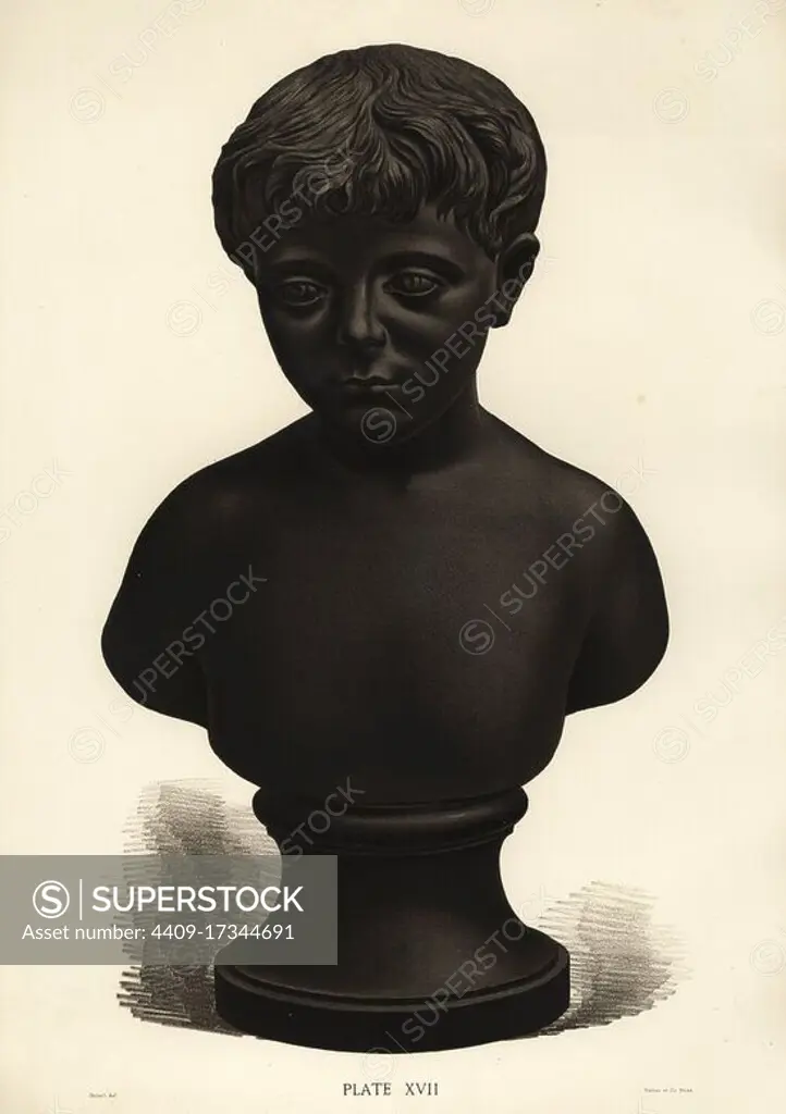 Basalt bust of young Roman general Germanicus Julius Caesar. Chromolithograph drawn by Grivell and lithographed by Parrot et Co. from Frederick Rathbone's Old Wedgwood, the Decorative or Artistic Ceramic Work Produced by Josiah Wedgwood, Quaritch, London, 1898.