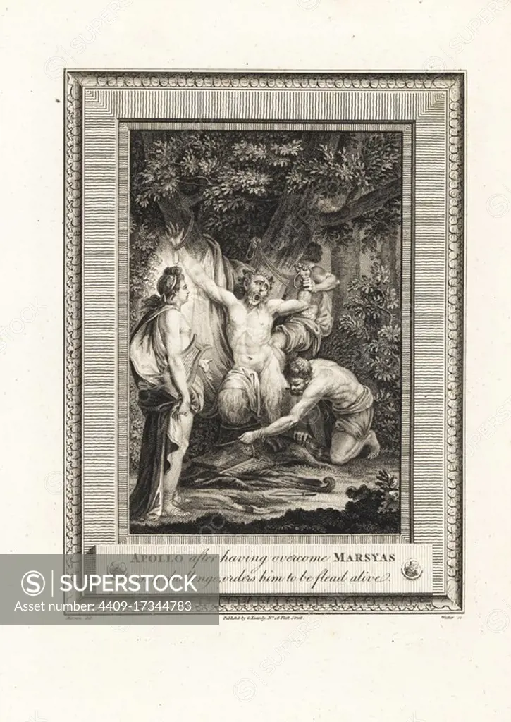 Apollo, after having overcome Marsyas in a challenge, orders him to be flayed alive. Copperplate engraving by W. Walker after an illustration by Moreau from The Copper Plate Magazine or Monthly Treasure, G. Kearsley, London, 1778.