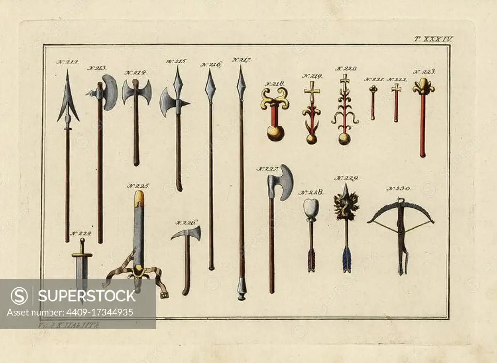 Norman weaponry: lance 212, Gisarma or halberd 213, Bipennis or double battle axe 214, battle axe 215,226, 227, spear 216, jousting spear 217, cross-bearing orb or Reichsapfel 218-220, sceptres 221-223, dagger 224, sword 225, arrow with flask 228, arrow with ornate head 229 and crossbow 230. Handcoloured copperplate engraving from Robert von Spalart's Historical Picture of the Costumes of the Principal People of Antiquity and of the Middle Ages, Chez Collignon, Metz, 1810.