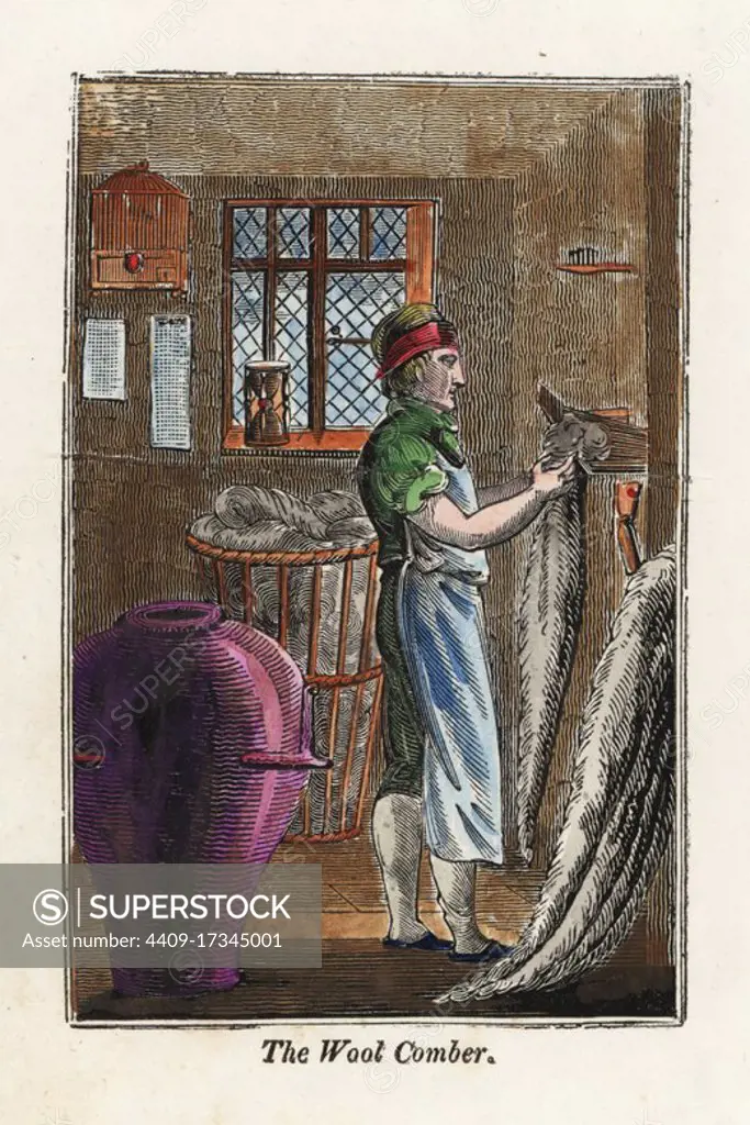 Wool-comber combing out wool remove short fibres. Handcoloured woodcut engraving from The Book of English Trades and Library of the Useful Arts, Phillips, London, 1818.