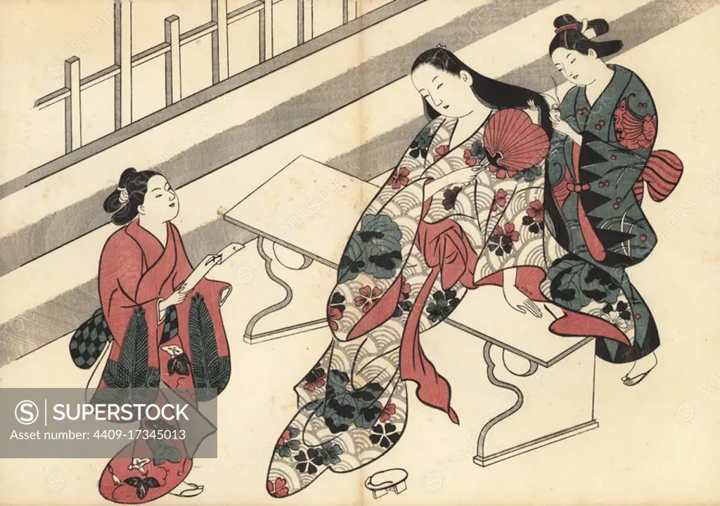 Oiran courtesan having her hair treated with perfumed oil by a kamuro outside a barred shopfront in the pleasure quarters. Another maid brings a letter. Woodblock print by Masanobu Okumura (1686-1764) from Fuzoku Emakimono, Picture Scroll of the Water Trade, Tokyo, reprint circa 1880.