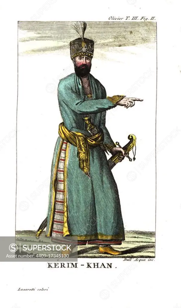 Mohammad Karim Khan Zand or Karim Han, founder of the Zand Dynasty, 1705-1779. Illustration from Guillaume-Antoine Oliviers Travels in the Ottoman Empire, Egypt and Persia, 1801. Copperplate engraving by Dell'Acqua handcoloured by Lazaretti from Giovanni Battista Sonzognos Collection of the Most Interesting Voyages (Raccolta de Viaggi Piu Interessanti), Milan, 1815-1817.