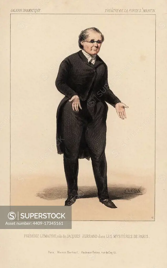 Frederic Lemaitre as Jacques Ferrand in Les Mysteres de Paris by Eugene Sue, Theatre de la Porte St. Martin, 1844. Handcoloured lithograph after an illustration by Victor Dollet from Galerie Dramatique: Costumes des Theatres de Paris, Paris, 1845.