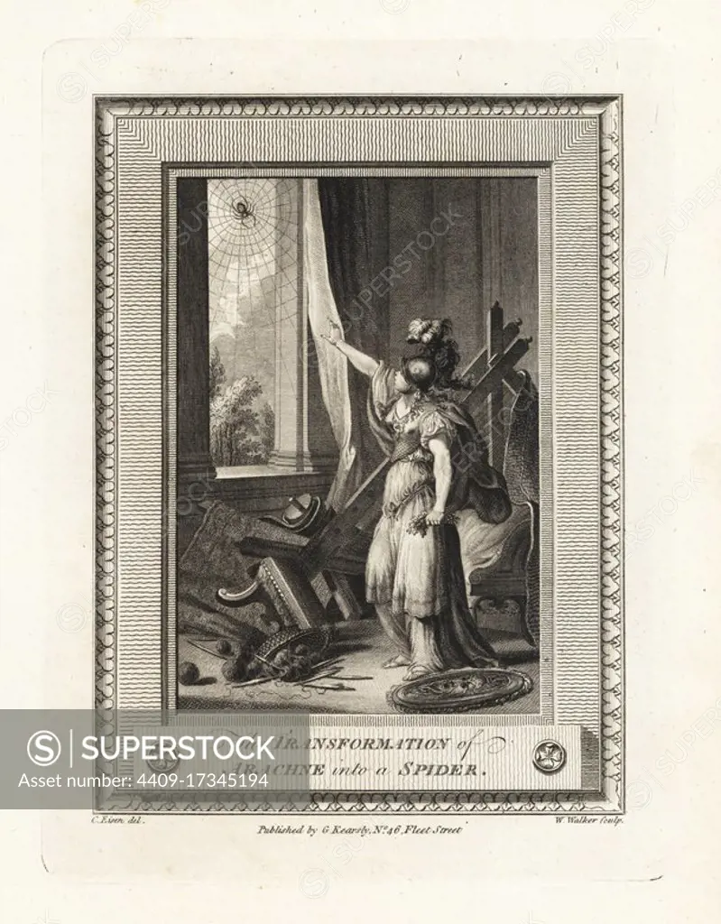 Transformation of Arachne into a spider. Copperplate engraving by W. Walker after an illustration by Charles Eisen from The Copper Plate Magazine or Monthly Treasure, G. Kearsley, London, 1778.